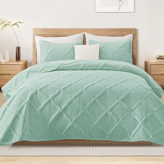 Exclusivo Mezcla Ultrasonic California King Quilt Set, 3-Piece Lightweight Bedspreads Modern Striped Coverlet, Mint Green