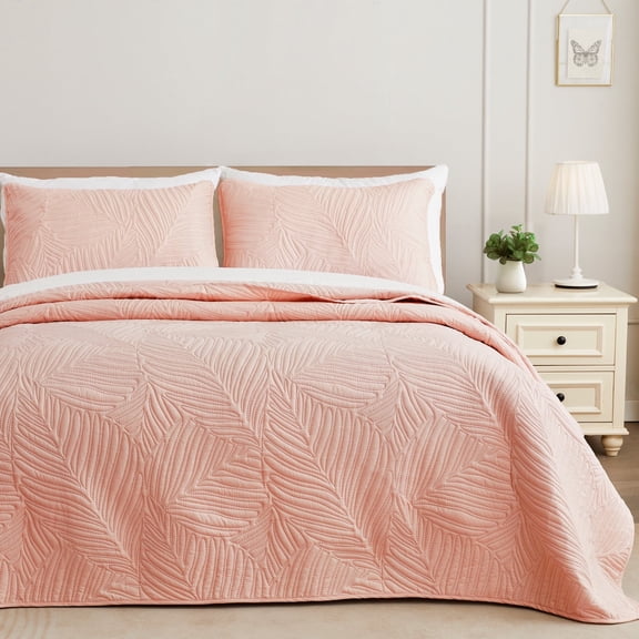 Exclusivo Mezcla Ultrasonic California King Size Quilt Set Blush Pink, 3 Pieces Lightweight Bedspread Leaf Pattern Bed Cover Soft Microfiber Coverlet Bedding Set for All Seasons