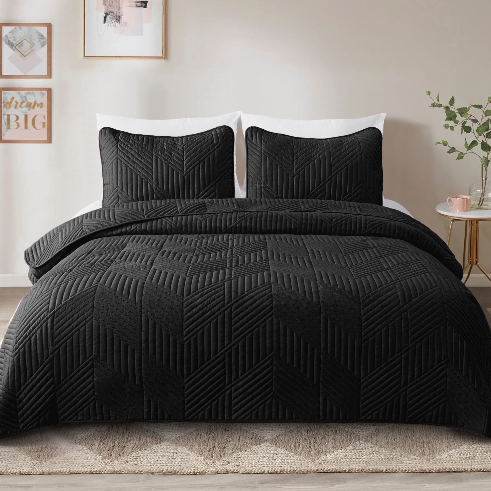 Exclusivo Mezcla Ultrasonic Full Queen Quilt Bedding Set, Lightweight Black Bedspreads Soft Modern Geometric Coverlet Set