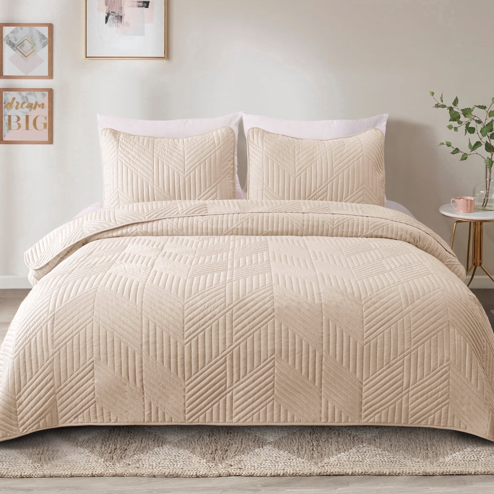 Exclusivo Mezcla Ultrasonic Full Queen Quilt Bedding Set, Lightweight Brich Beige Bedspreads Soft Modern Geometric Coverlet Set