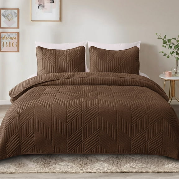 Exclusivo Mezcla Ultrasonic Full Queen Quilt Bedding Set, Lightweight Brown Bedspreads Soft Modern Geometric Coverlet Set for All Seasons (1 Quilt and 2 Pillow Shams)