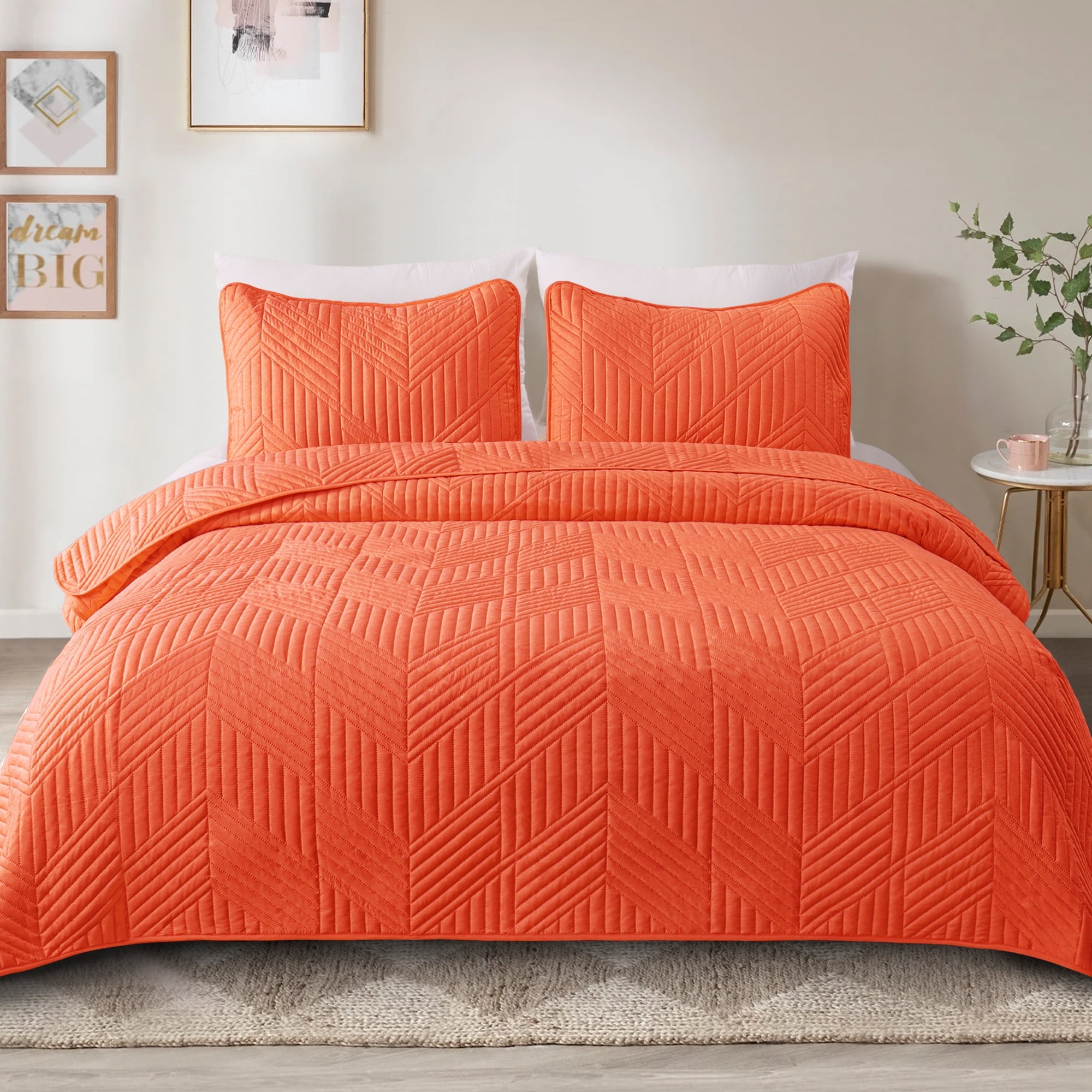 Burnt Orange Full Microfiber Geometric Reversible Quilt Set