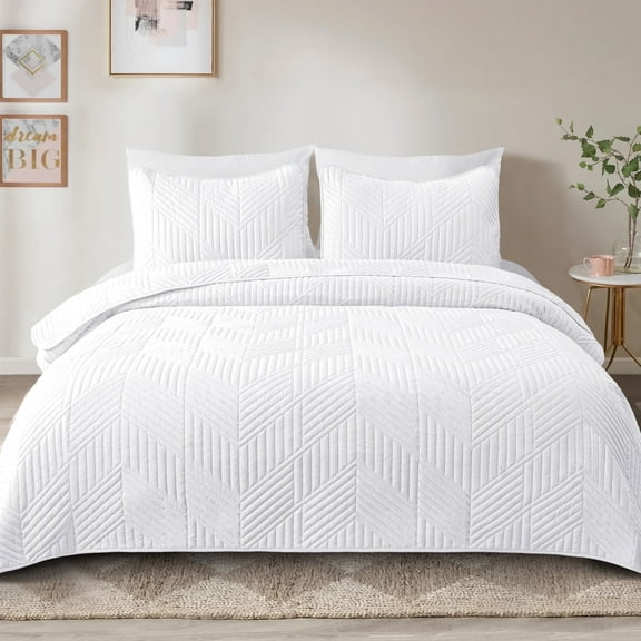 Exclusivo Mezcla Ultrasonic Full Queen Quilt Bedding Set, Lightweight White Bedspreads Soft Modern Geometric Coverlet Set for All Seasons (1 Quilt and 2 Pillow Shams)