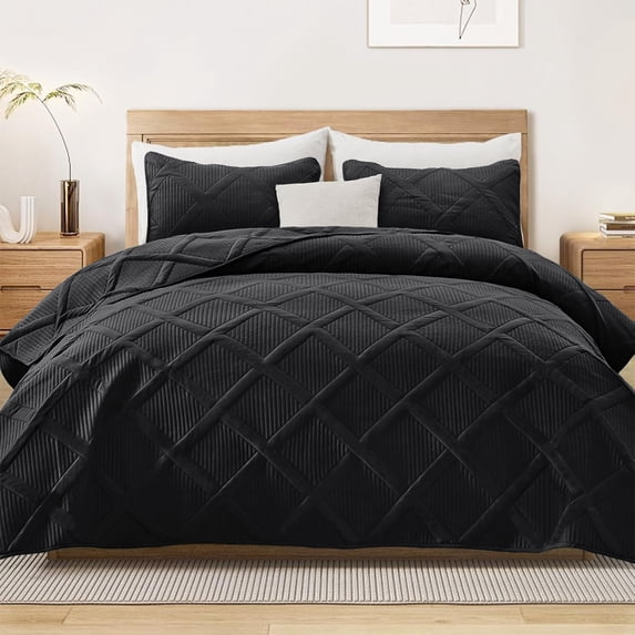 Exclusivo Mezcla Ultrasonic Full Queen Quilt Set, 3-Piece Lightweight Bedspreads Modern Striped Coverlet, Black