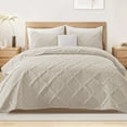 thumbnail image 1 of Exclusivo Mezcla Ultrasonic Full Queen Quilt Set, 3-Piece Lightweight Bedspreads Modern Striped Coverlet, Brich Beige, 1 of 7