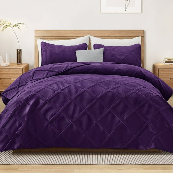 Exclusivo Mezcla Ultrasonic Full Queen Quilt Set, 3-Piece Lightweight Bedspreads Modern Striped Coverlet, Deep Purple