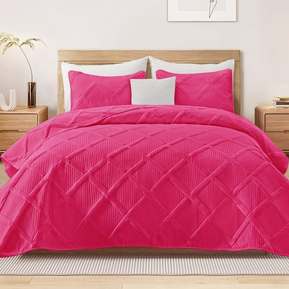Exclusivo Mezcla Ultrasonic Full Queen Quilt Set, 3-Piece Lightweight Bedspreads Modern Striped Coverlet, Hot Pink