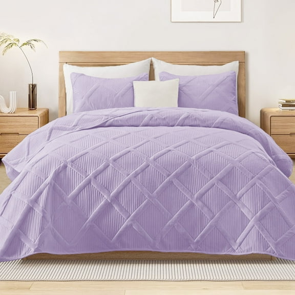 Exclusivo Mezcla Ultrasonic Full Queen Quilt Set, 3-Piece Lightweight Bedspreads Modern Striped Coverlet, Lilac