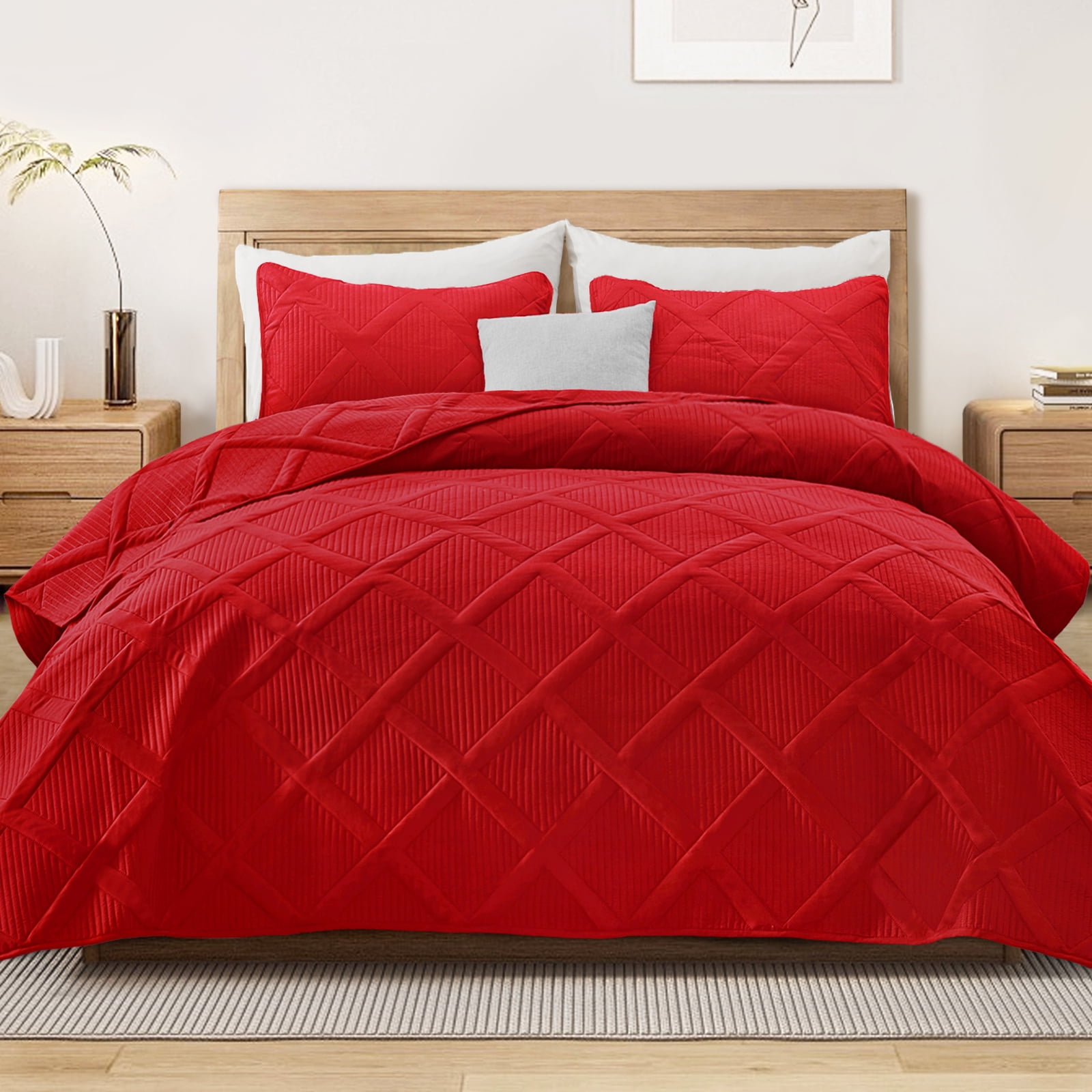 Exclusivo Mezcla Ultrasonic Full Queen Quilt Set, 3-Piece Lightweight Bedspreads Modern Striped Coverlet, Red