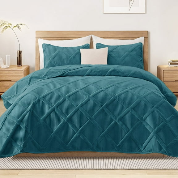 Exclusivo Mezcla Ultrasonic Full Queen Quilt Set, 3-Piece Lightweight Bedspreads Modern Striped Coverlet, Teal