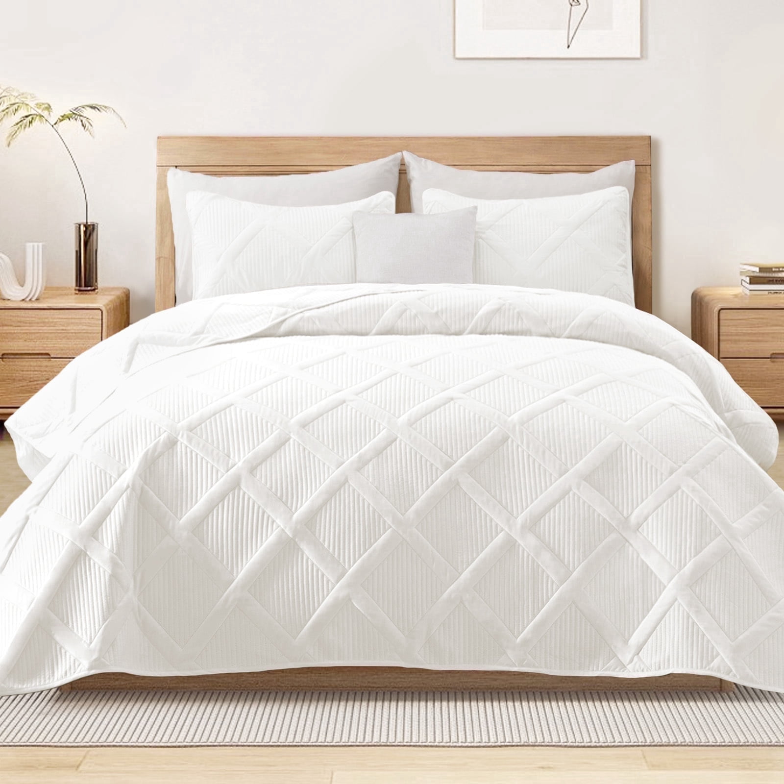 Exclusivo Mezcla Ultrasonic Full Queen Quilt Set, 3-Piece Lightweight Bedspreads Modern Striped Coverlet, White