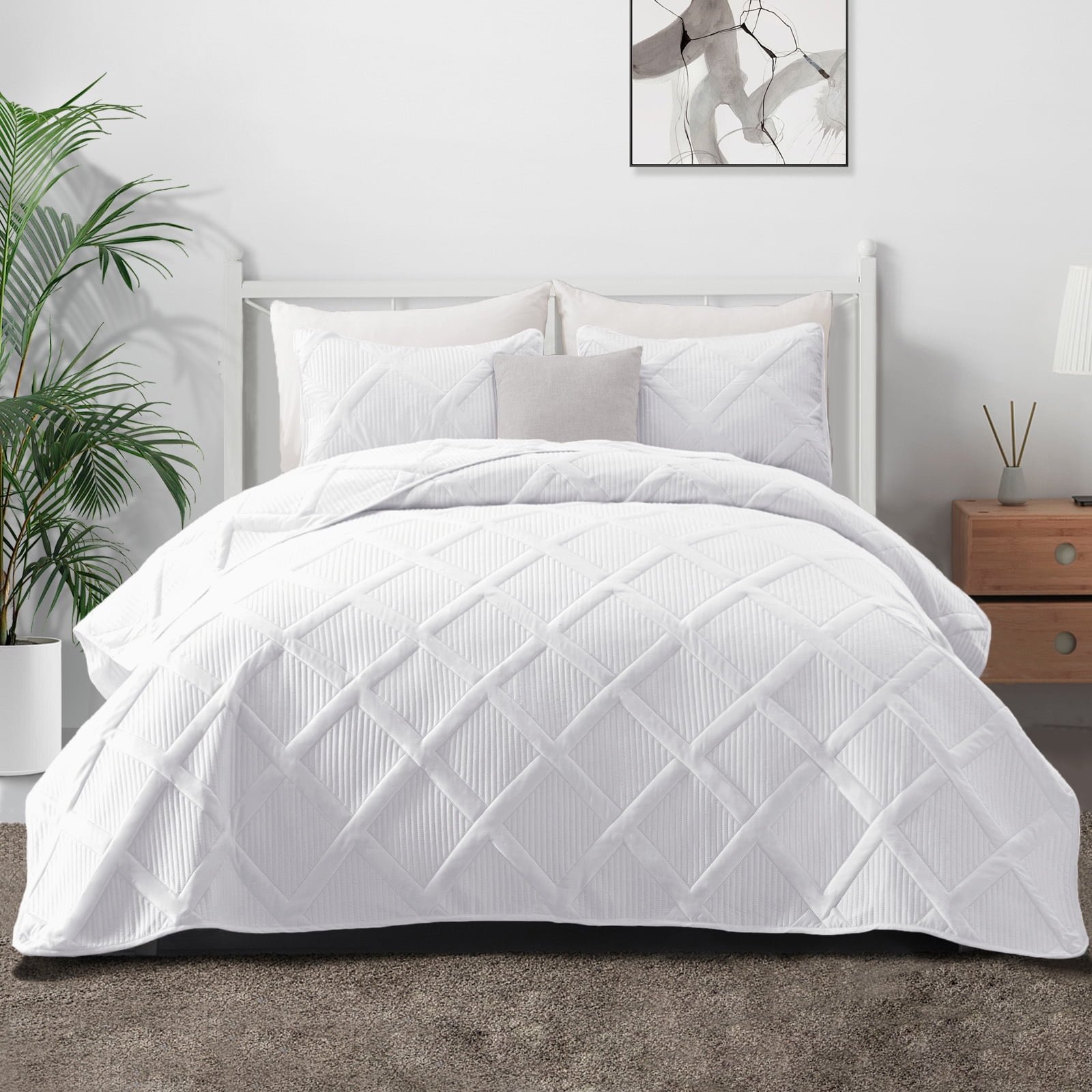 Exclusivo Mezcla Ultrasonic Full Queen Quilt Set, 3-Piece Lightweight Bedspreads Modern Striped Coverlet, White