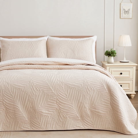 Exclusivo Mezcla Ultrasonic Full Queen Size Quilt Set Brich Beige, 3 Pieces Lightweight Bedspread Leaf Pattern Bed Cover Soft Microfiber Coverlet Bedding Set for All Seasons
