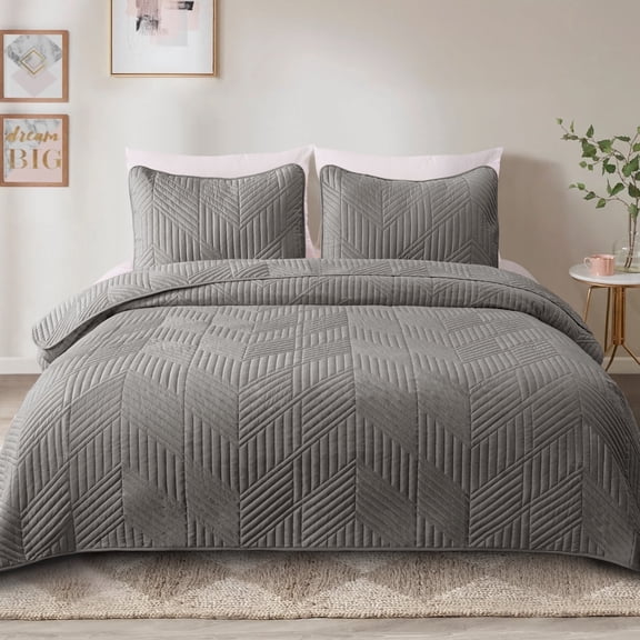 Exclusivo Mezcla Ultrasonic King Quilt Bedding Set, Lightweight Grey Bedspreads Soft Modern Geometric Coverlet Set