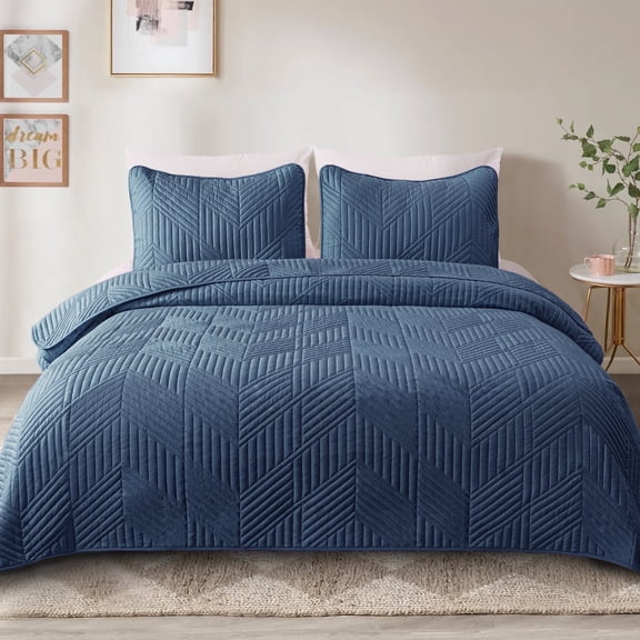 Exclusivo Mezcla Ultrasonic King Quilt Bedding Set, Lightweight Navy Blue Bedspreads Soft Modern Geometric Coverlet Set