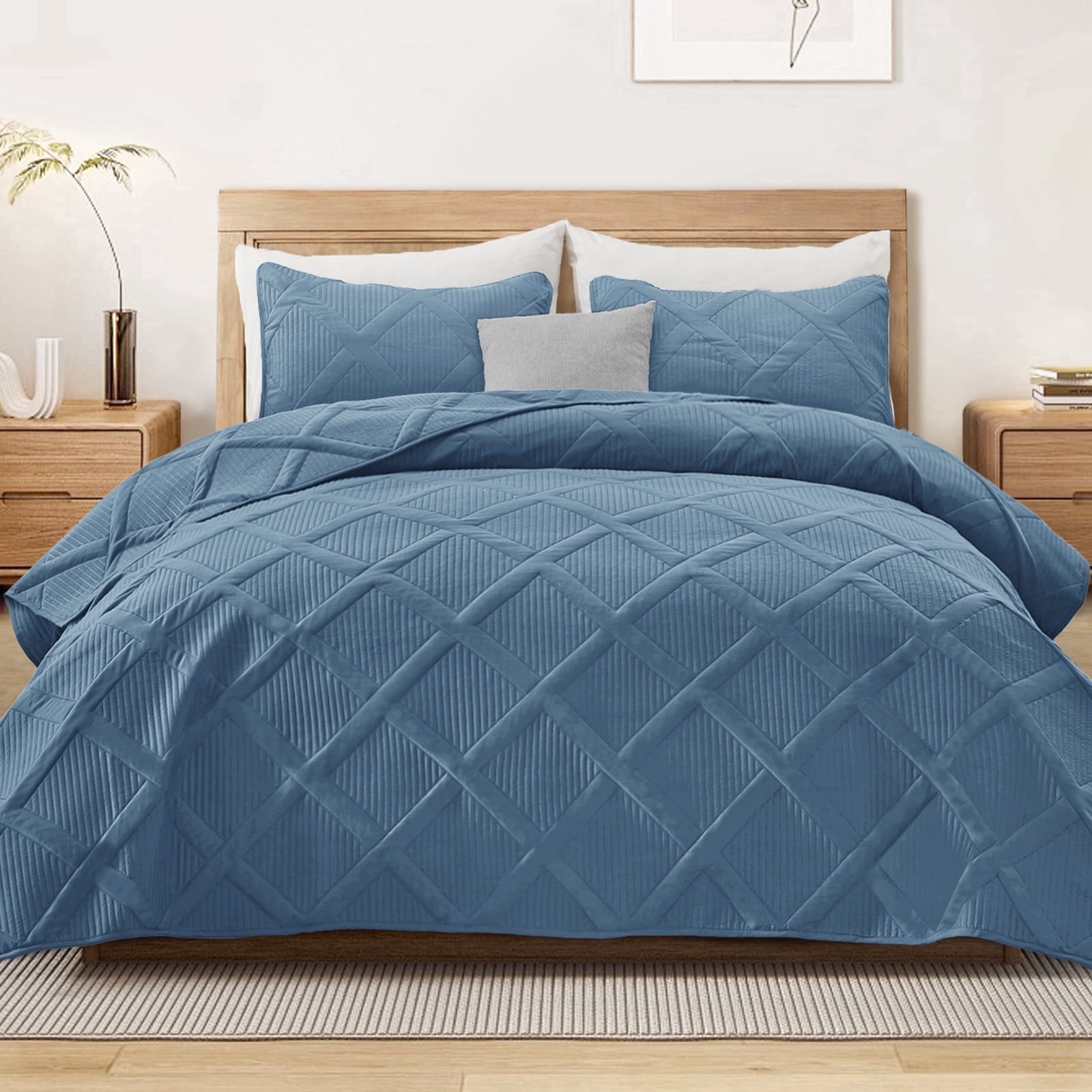 Exclusivo Mezcla Ultrasonic King Quilt Set, 3-Piece Lightweight Bedspreads Modern Striped Coverlet, Bluish Grey