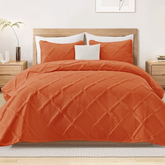 Exclusivo Mezcla Ultrasonic King Quilt Set, 3-Piece Lightweight Bedspreads Modern Striped Coverlet, Burnt Orange