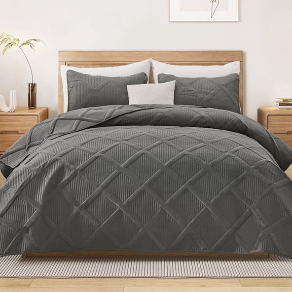 Exclusivo Mezcla Ultrasonic King Quilt Set, 3-Piece Lightweight Bedspreads Modern Striped Coverlet, Grey