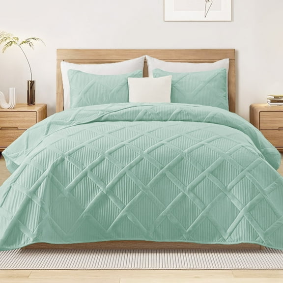 Exclusivo Mezcla Ultrasonic King Quilt Set, 3-Piece Lightweight Bedspreads Modern Striped Coverlet, Mint Green