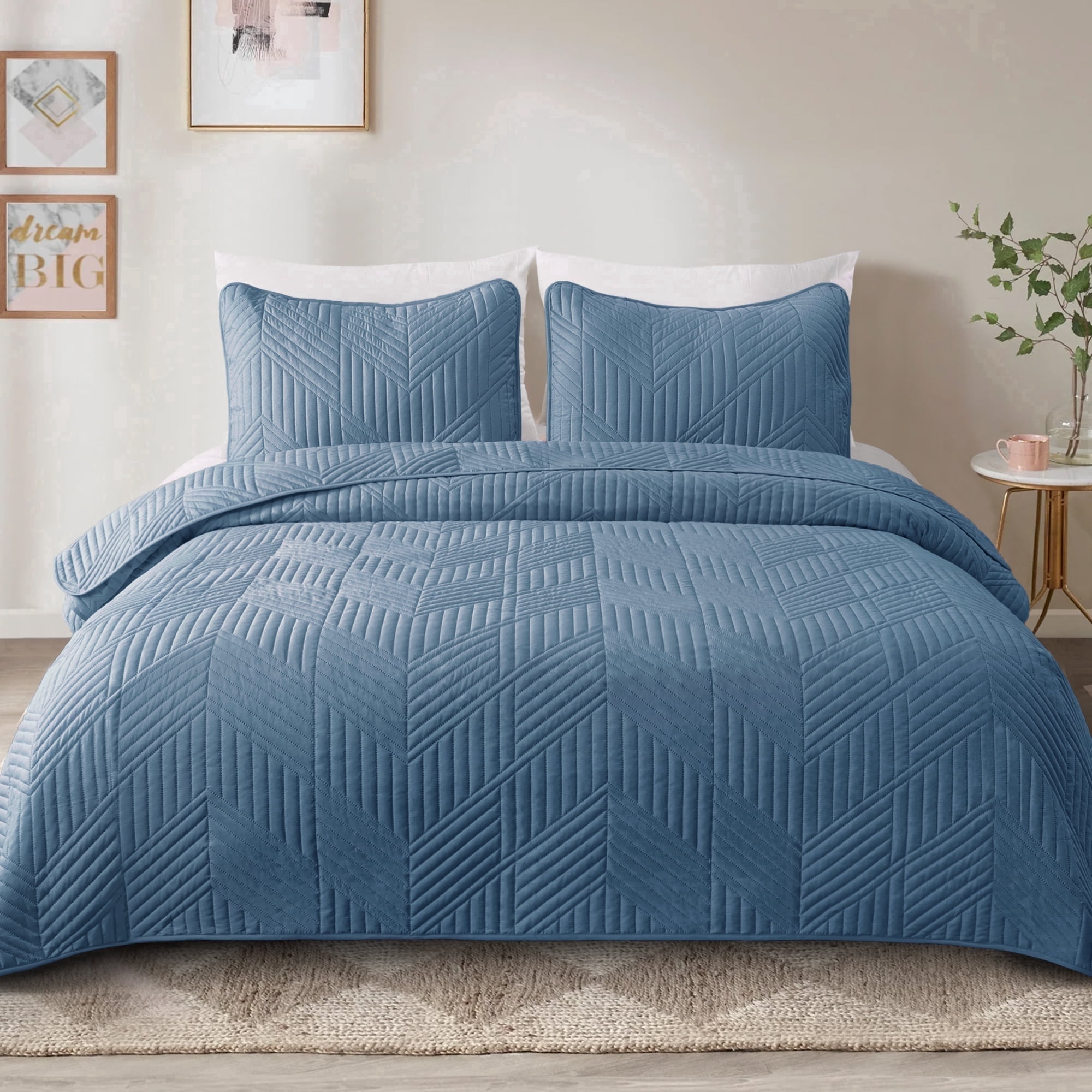 Exclusivo Mezcla Ultrasonic King Quilt Bedding Set, Lightweight Bluish Grey Bedspreads Soft Modern Geometric Coverlet Set