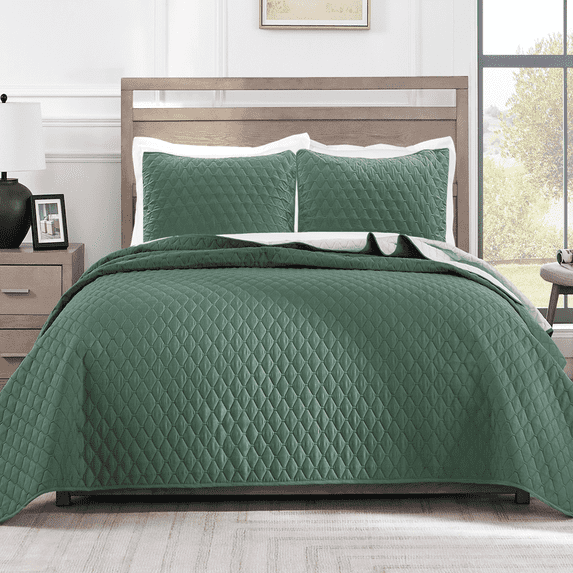 Exclusivo Mezcla King Size Quilt Set, 3-Piece Lightweight King Quilts Soft Bedspreads Bed Coverlets, Dark Green, 104"x96"