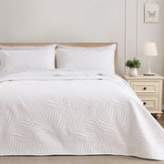 Exclusivo Mezcla Ultrasonic King Size Quilt Set White, 3 Pieces Lightweight Bedspread Leaf Pattern Bed Cover Soft Microfiber Coverlet Bedding Set for All Seasons