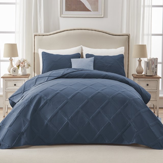 Exclusivo Mezcla Ultrasonic Quilt Set Full Queen Size, 3 Pieces Navy