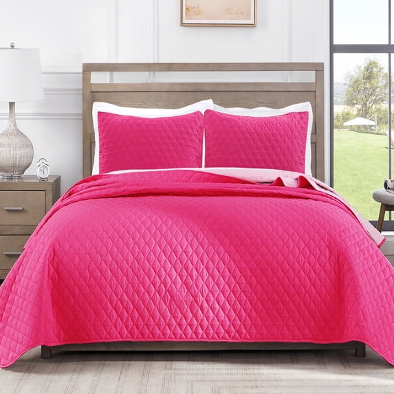 Exclusivo Mezcla Queen Quilt Set, 3-Piece Lightweight Queen Quilts Soft Bedspreads Bed Coverlets, Hot Pink, 90"x96"
