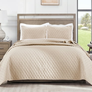 Exclusivo Mezcla Ultrasonic Reversible Full Queen Quilt Bedding Set with Pillow Shams, Lightweight Quilts Queen Size, Soft Bedspreads Bed Coverlets for All Seasons - (Brich Beige, 90"x96")