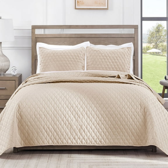 Exclusivo Mezcla Queen Quilt Set, 3-Piece Lightweight Queen Quilts Soft Bedspreads Bed Coverlets, Brich Beige, 90"x96"