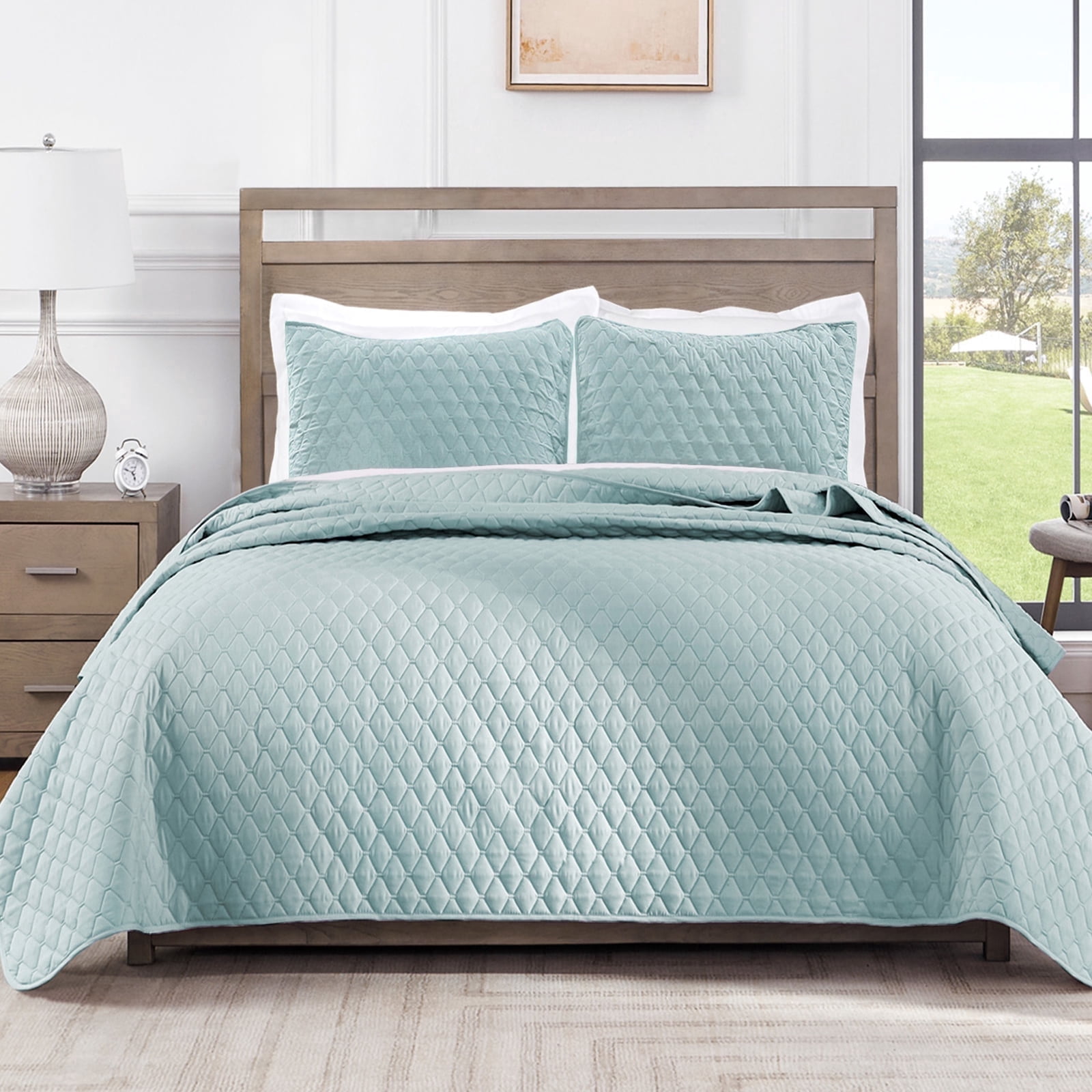 Exclusivo Mezcla Queen Quilt Set, 3-Piece Lightweight Queen Quilts Soft Bedspreads Bed Coverlets, Aqua Blue, 90"x96"