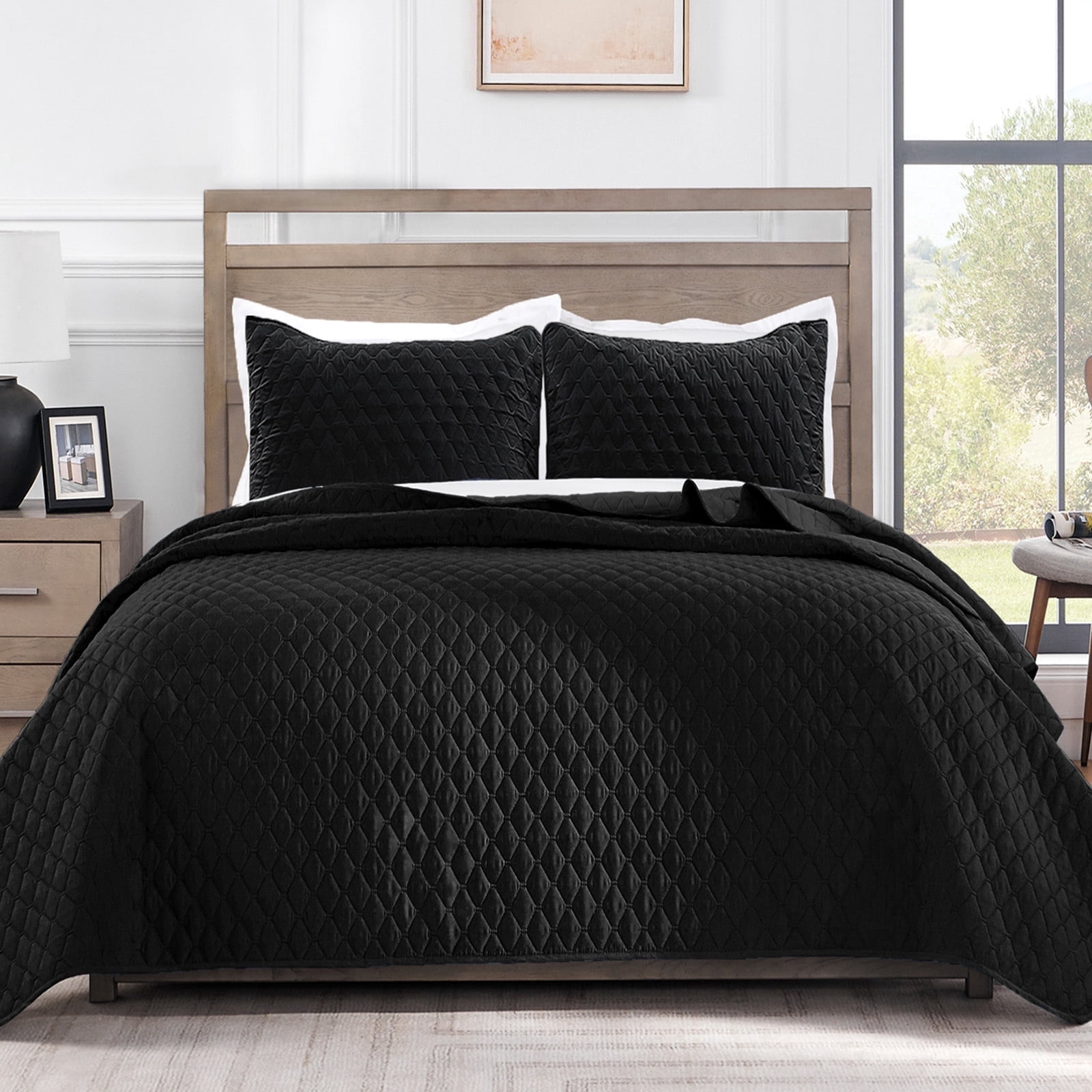 Exclusivo Mezcla King Size Quilt Set, 3-Piece Lightweight King Quilts Soft Bedspreads Bed Coverlets, Black, 104"x96"