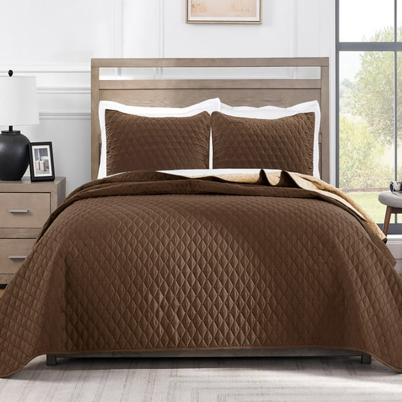 Exclusivo Mezcla King Size Quilt Set, 3-Piece Lightweight King Quilts Soft Bedspreads Bed Coverlets, Chocolate Brown, 104"x96"
