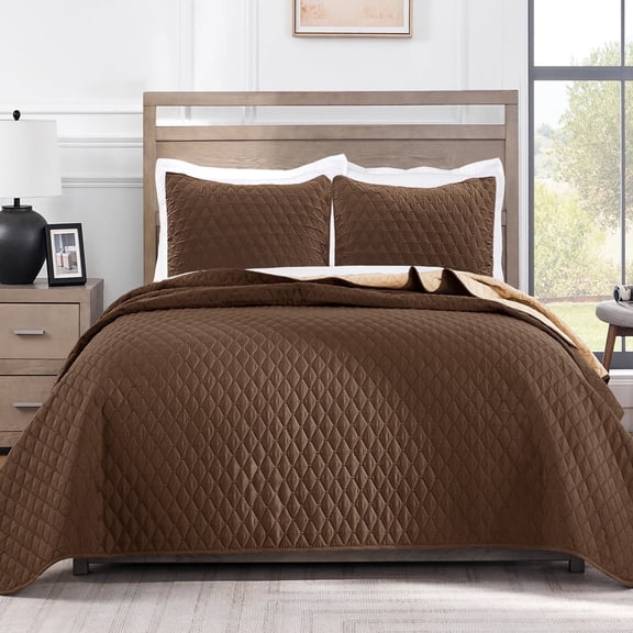 Exclusivo Mezcla King Size Quilt Set, 3-Piece Lightweight King Quilts Soft Bedspreads Bed Coverlets, Chocolate Brown, 104"x96"