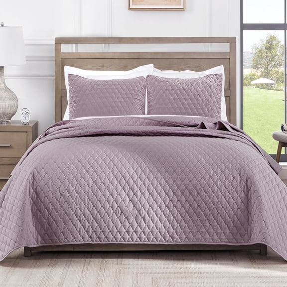 Exclusivo Mezcla King Size Quilt Set, 3-Piece Lightweight King Quilts Soft Bedspreads Bed Coverlets, Lilac Ash, 104"x96"