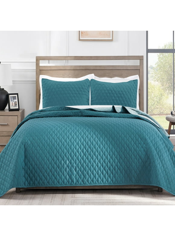 Exclusivo Mezcla Ultrasonic Reversible King Size Quilt Bedding Set with Pillow Shams, Lightweight Quilts King Size, Soft Bedspreads Bed Coverlets for All Seasons - (Dusty Teal, 104"x96")