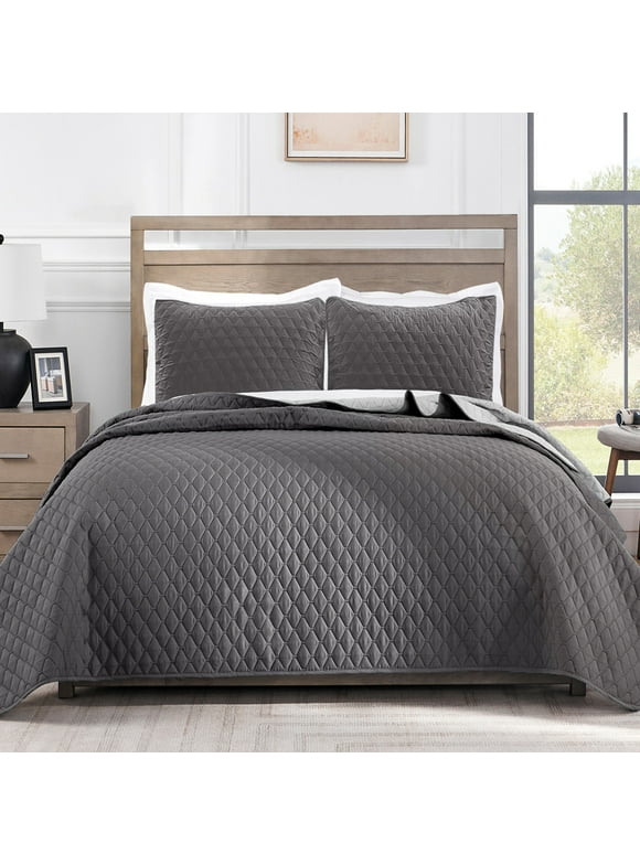 Exclusivo Mezcla Ultrasonic Reversible King Size Quilt Bedding Set with Pillow Shams, Lightweight Quilts King Size, Soft Bedspreads Bed Coverlets for All Seasons - (Grey, 104"x96")