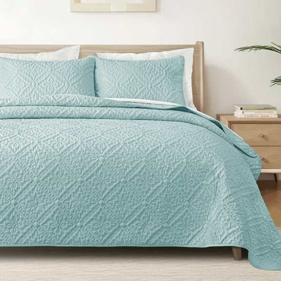 Exclusivo Mezcla Twin Quilt Bedding Set, Lightweight Soft Bedspreads Coverlets with 1 Pillow Sham, Modern Aqua Blue Quilts Twin XL Size for All Seasons