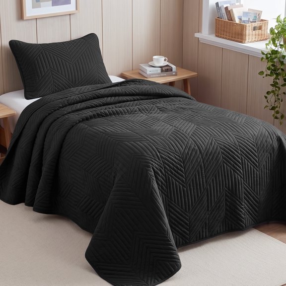 Exclusivo Mezcla Ultrasonic Twin Quilt Bedding Set, Lightweight Black Bedspreads Soft Modern Geometric Coverlet Set