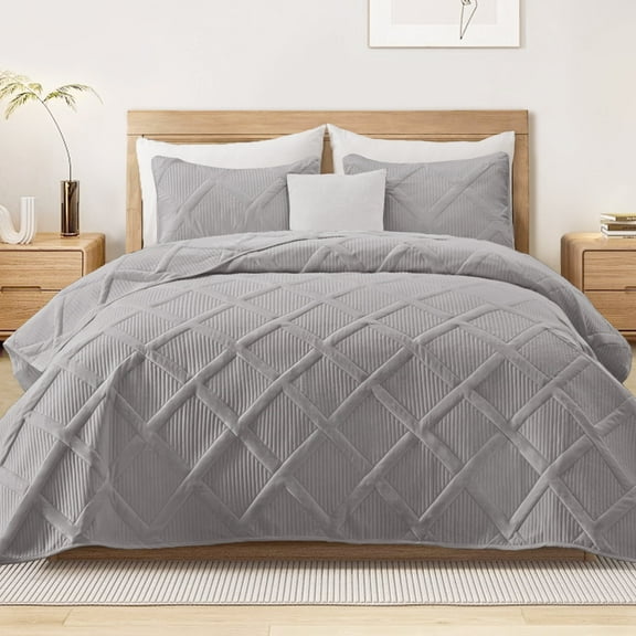 Exclusivo Mezcla Ultrasonic Twin Quilt Set, 2-Piece Lightweight Bedspreads Modern Striped Coverlet, Light Grey