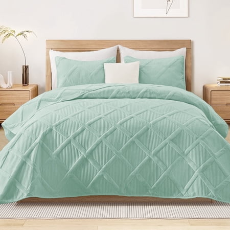 Exclusivo Mezcla Ultrasonic Twin Quilt Set, 2-Piece Lightweight Bedspreads Modern Striped Coverlet, Mint Green