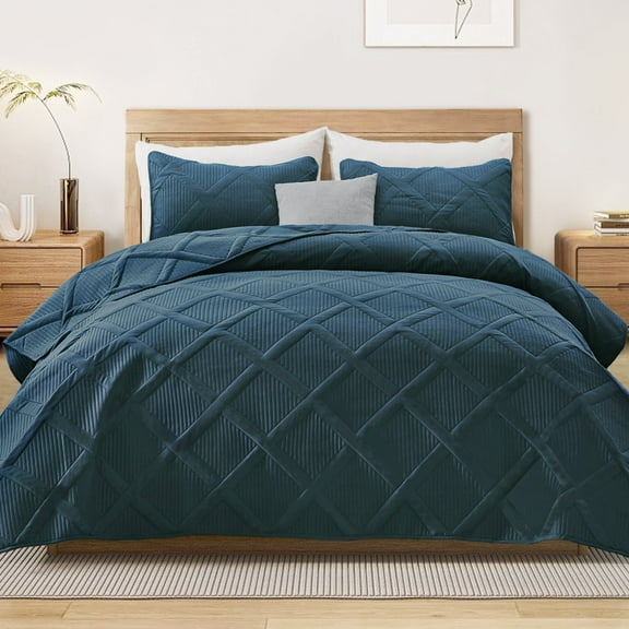 Exclusivo Mezcla Ultrasonic Twin Quilt Set, 2-Piece Lightweight Bedspreads Modern Striped Coverlet, Navy Blue