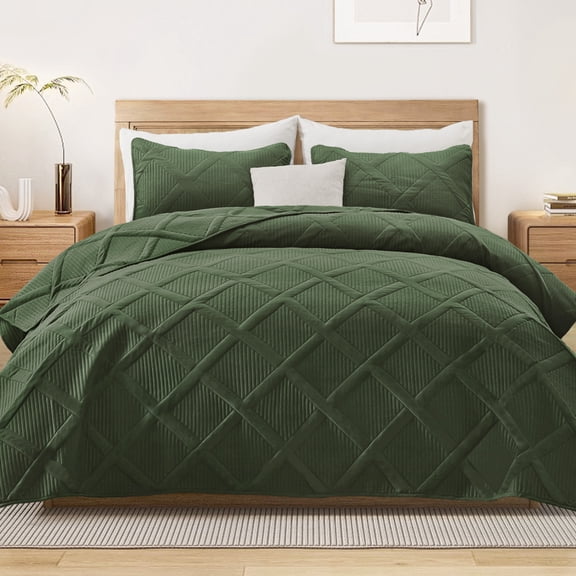 Exclusivo Mezcla Ultrasonic Twin Quilt Set, 2-Piece Lightweight Bedspreads Modern Striped Coverlet, Olive Green