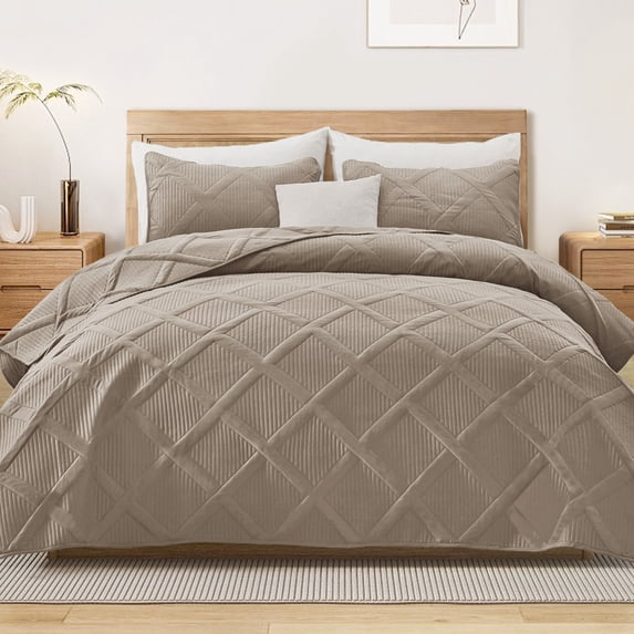 Exclusivo Mezcla Ultrasonic Twin Quilt Set, 2-Piece Lightweight Bedspreads Modern Striped Coverlet, Taupe