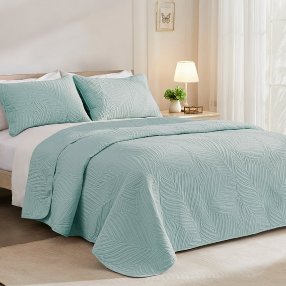 Exclusivo Mezcla Ultrasonic Twin Size Quilt Set Aqua Blue, 2 Pieces Lightweight Bedspread Leaf Pattern Bed Cover Soft Microfiber Coverlet Bedding Set for All Seasons
