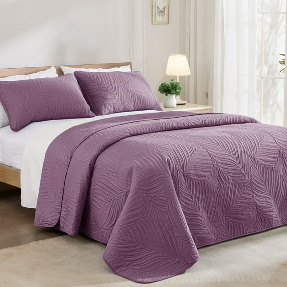 Exclusivo Mezcla Ultrasonic Twin Size Quilt Set Dusty Lavender, 2 Pieces Lightweight Bedspread Leaf Pattern Bed Cover Soft Microfiber Coverlet Bedding Set for All Seasons