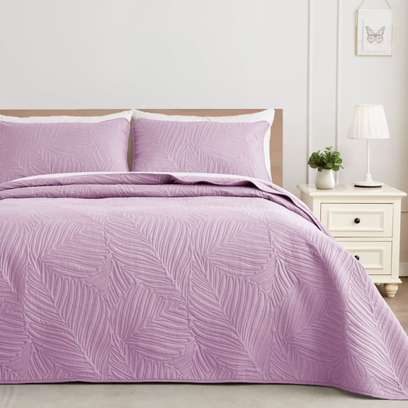 Exclusivo Mezcla Ultrasonic Twin Size Quilt Set Lilac, 2 Pieces Lightweight Bedspread Leaf Pattern Bed Cover Soft Microfiber Coverlet Bedding Set for All Seasons