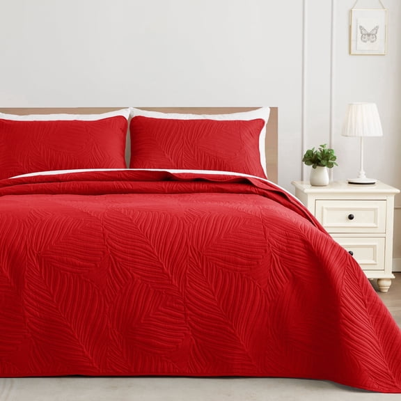 Exclusivo Mezcla Ultrasonic Twin Size Quilt Set Red, 2 Pieces Lightweight Bedspread Leaf Pattern Bed Cover Soft Microfiber Coverlet Bedding Set for All Seasons