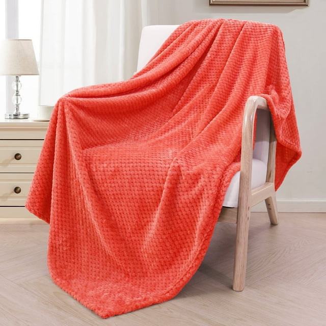 Exclusivo Mezcla Waffle Textured Extra Large Fleece Blanket, Super Soft and Warm Throw Blanket for Couch, Sofa and Bed (Coral Orange, 50"x70")-Cozy, Fuzzy and Lightweight
