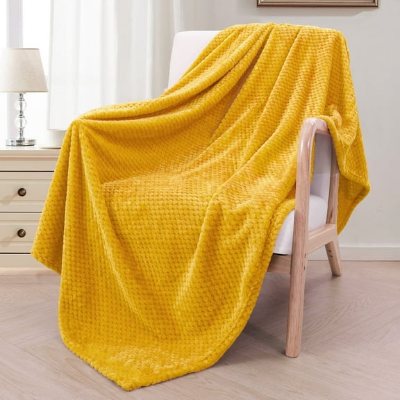 Exclusivo Mezcla Waffle Textured Extra Large Fleece Blanket, Super Soft and Warm Throw Blanket for Couch, Sofa and Bed (Mustard Yellow, 50"x70")-Cozy, Fuzzy and Lightweight